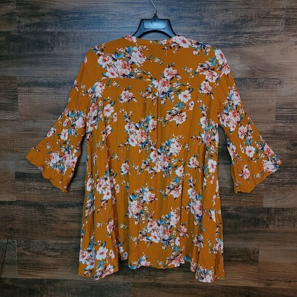 Umgee Baby Doll Tunic Top XL Gauzy Crinkle Floral Bell Sleeve Boho Cottagecore - Picture 3 of 9